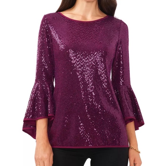 Vince Camuto Sequin/Metallic Bell Sleeve Top In Arresting Plum Size M NWT - Picture 1 of 13